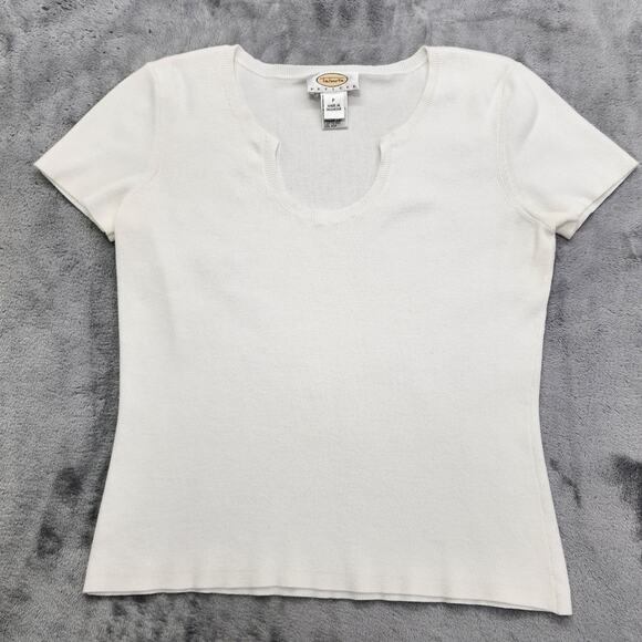 Vintage 90s Talbots Top Womens P Small PETITE White Notched Neck Short Sleeve - Picture 1 of 7